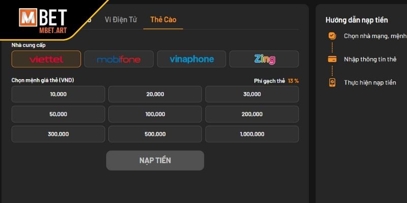 Hướng dẫn nạp tiền MBET bằng thẻ cào