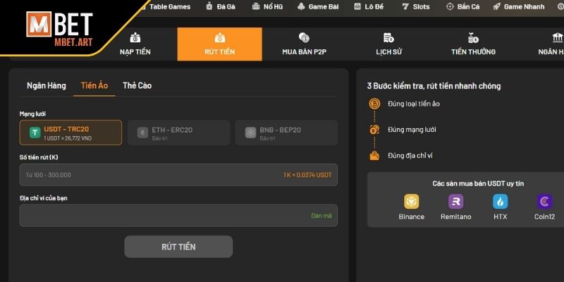 Phương thức rút tiền MBET bằng ví USDT